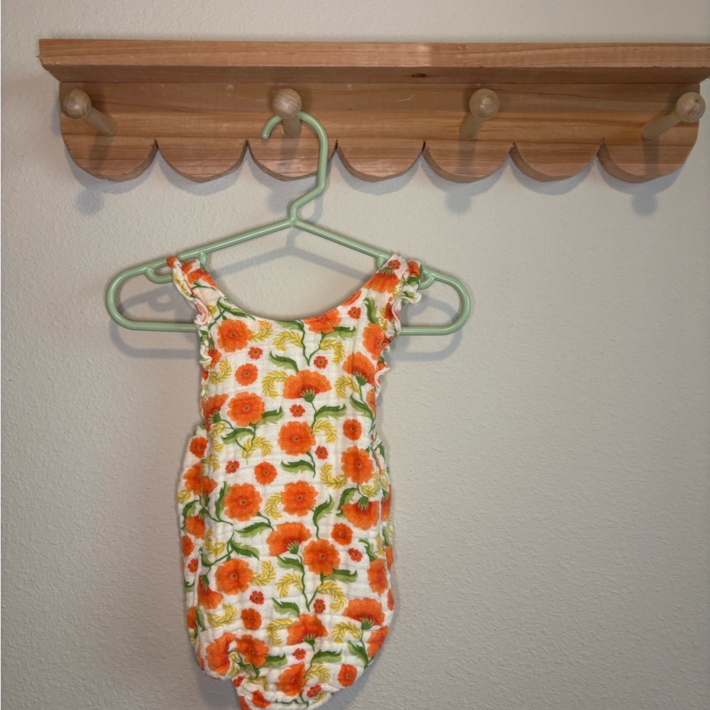 Angel Dear White One-Piece with Orange Floral Print and Ruffle Straps